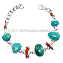 Hermoso palo coral y turquesa tibetana piedras preciosas naturales con 925 pulsera de plata esterlina artesanal joyas